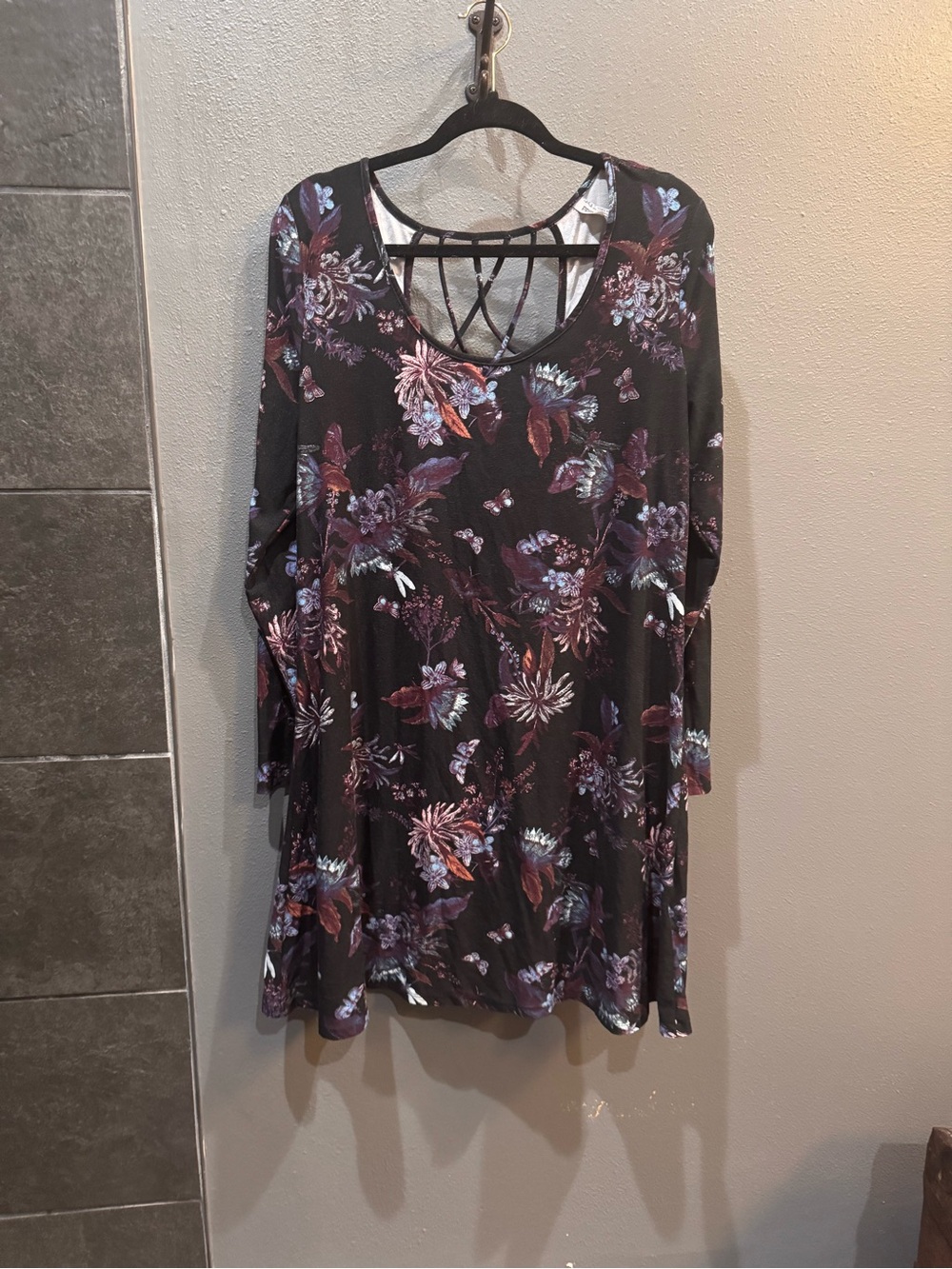 Mudd Black Floral Midi Dress with Purple & Pink Accents and Strappy Back